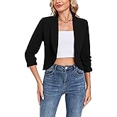 MINTLIMIT Cropped Blazers for Women 3/4 Ruched Sleeve Open Front Cardigan Casual Work Office Blazer Suit Jacket