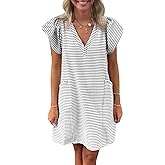 Mieazom Striped V-Neck Mini Dress for Women Puff Sleeve Casual Dress with Pockets, Comfortable & Stylish for Summer