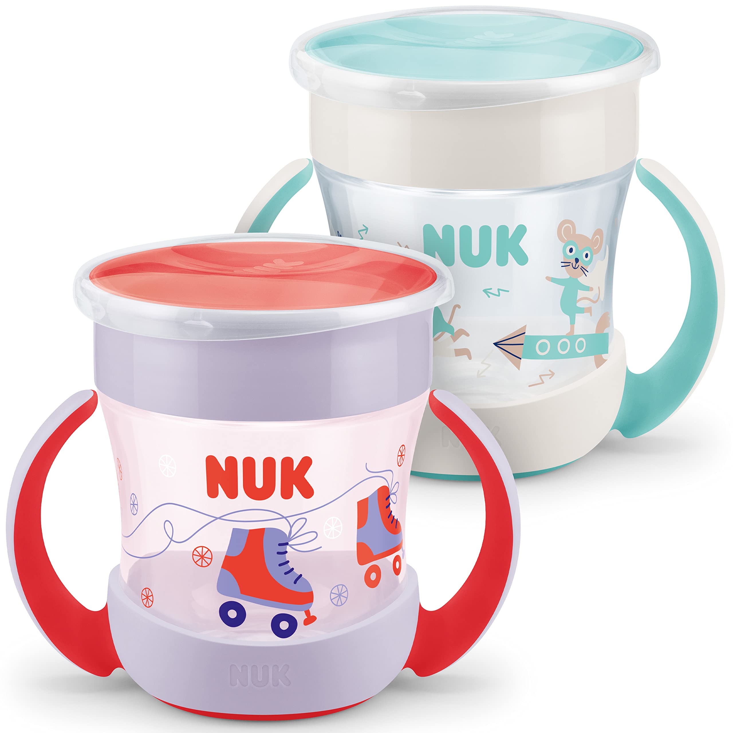NUK Mini Magic Cup Sippy Cup | 360° Anti-Spill Rim | 6+ Months | Easy Grip Handles | BPA-Free | 160 ml | Pink & Turquoise | 2 Count