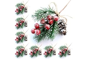 OLYPHAN Red Berry Stems Pine Branches Evergreen Berries Décor 8 PCS Artificial Pine Cones Branch for Christmas Craft Wreath Pick & Winter Holiday Floral Picks Holly Stem for Decoration DIY Xmas Crafts