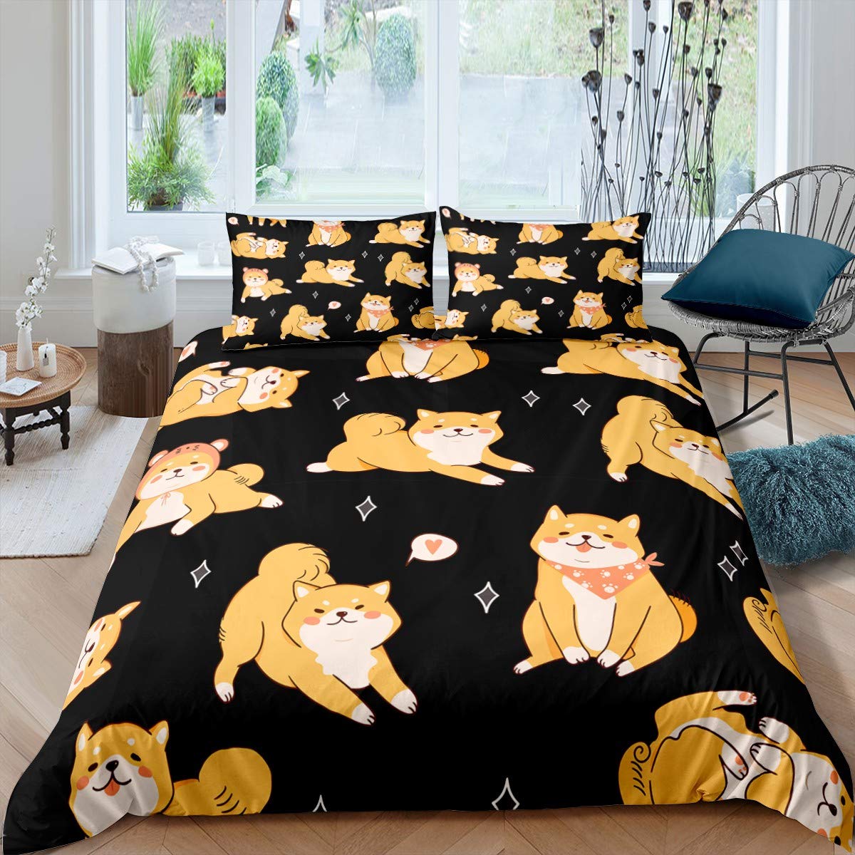 3D Dog Print Duvet Cover Set Cute Shiba Inu Pattern Comforter Cover for Kids Boys Girls Teens Cartoon Animal Theme Black Yellow Bedding Set Decor 2Pcs Bedspread Cover With 1 Pillowcase Single — image 1