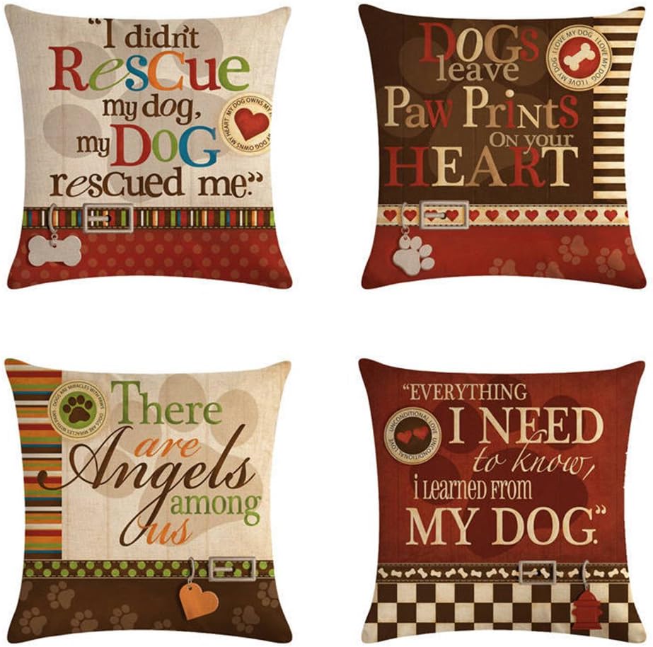 Smilyard Dog Throw Pillow Decorative Pillow Covers Cotton Linen Square Dog Lover Throw Pillow Cases Cushion Cover 18 x 18 Inch for Home Sofa Bedroom (Set of 4)