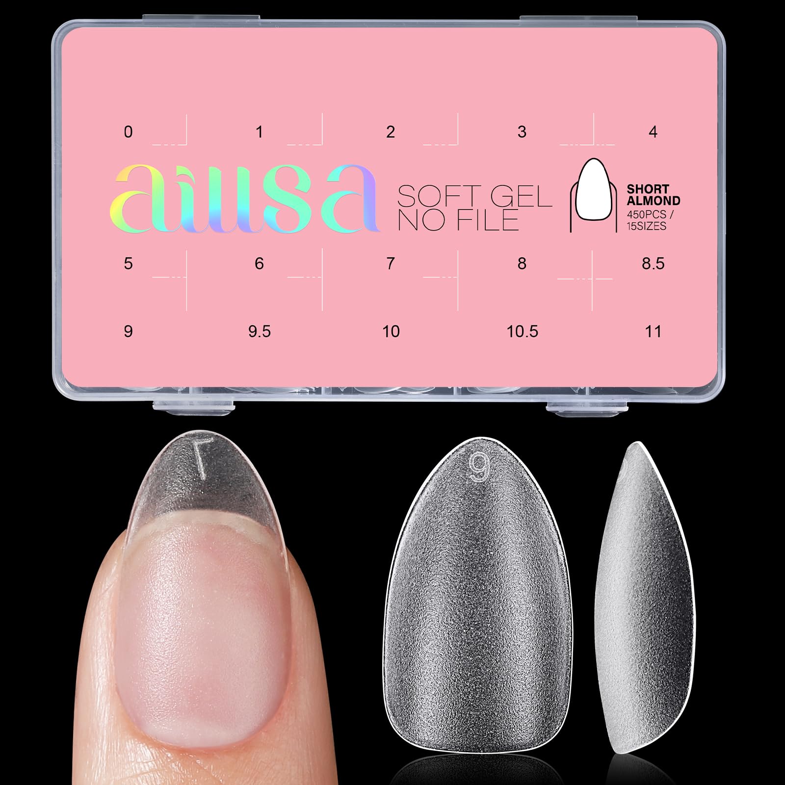 AILLSA Short Almond Nail Tips 450PCS Acrylic Gel Double-sided Matte Clear Pre-Buff Gel Nail Tips No Need Base Coat Press on Nails Tips for Extension 15 Sizes