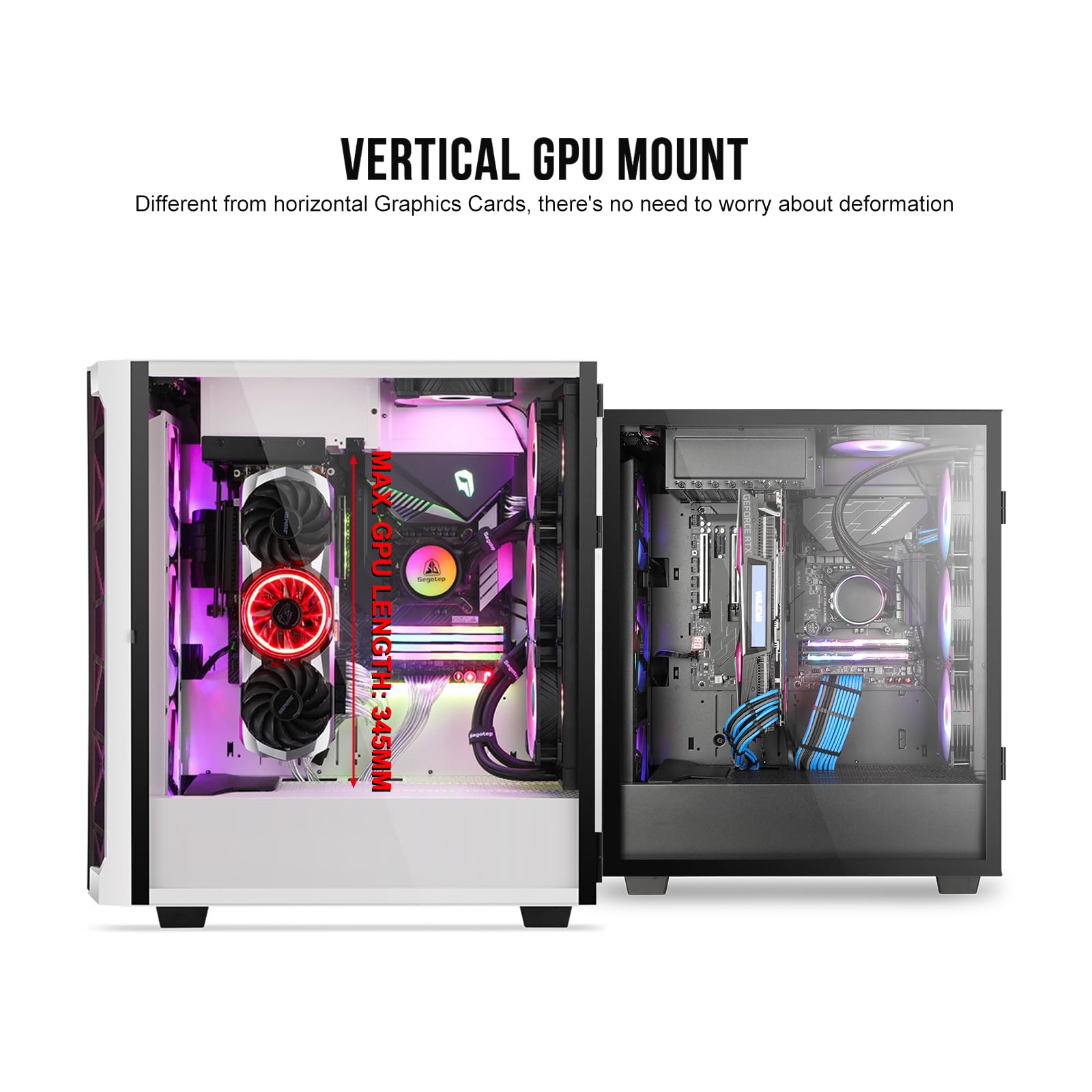 Segotep T1 White Full-Tower E-ATX Gaming PC Case, Graphics Card Vertical Mounting w/Tempered Glass Side Panel, USB 3.0 Type-C I/O Panel, Cable Management/Optional 360mm Radiator (No Fan Included)
