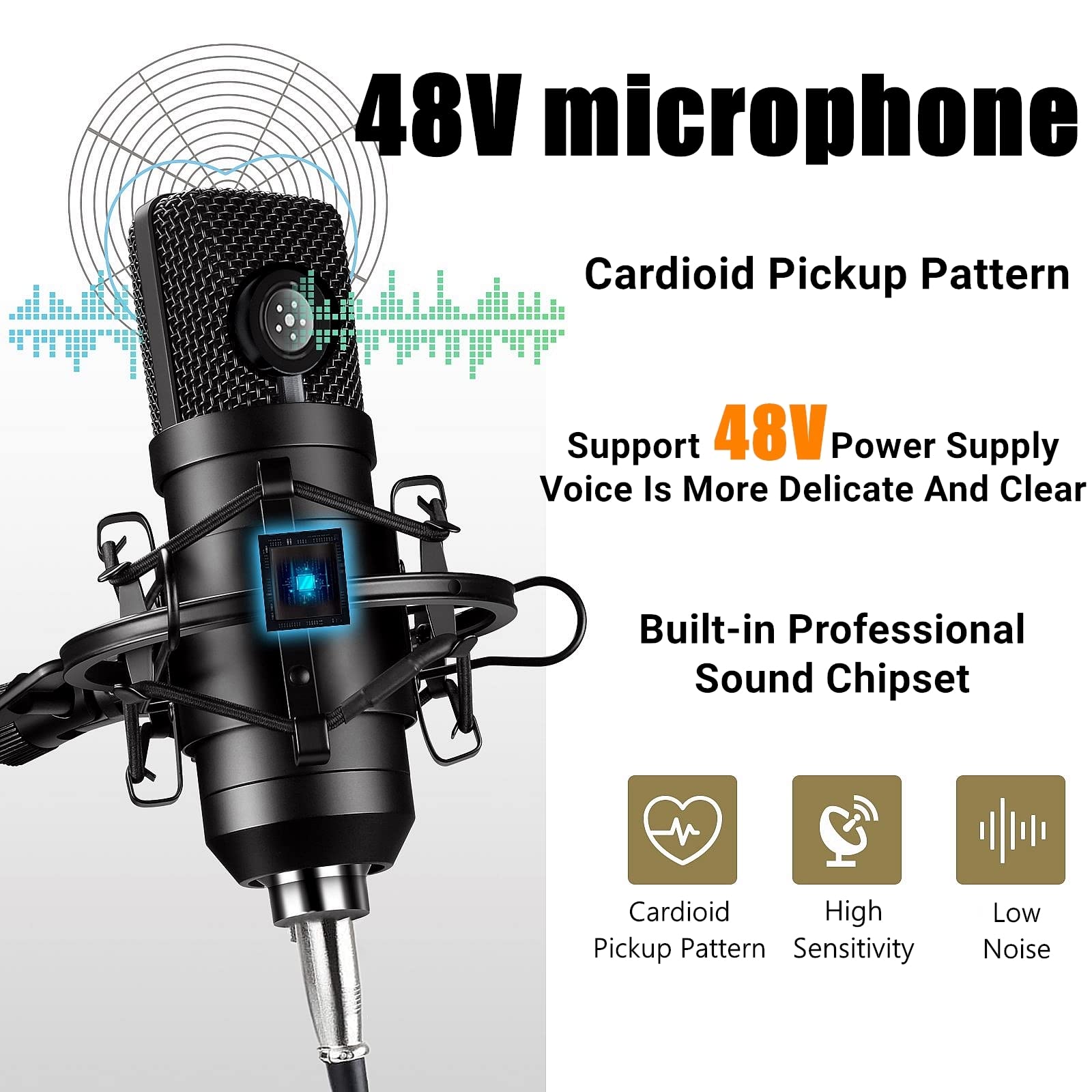 Podcast Equipment Bundle 48V Condenser Microphone Bundle M300 Voice Changer Podcast Microphone Recording Studio Package for Podcast Live Streaming Singing PC Mobile TikTok Youtube