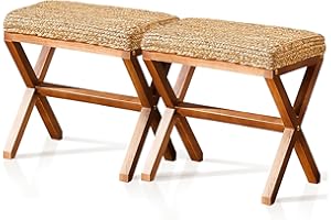 Cpintltr Patio Ottoman Set 2 Hand-woven Seagrass Footrest Stool Rectangular Outdoor Footstool with X-shape Legs Mutifunctional Boho Seat Pouf Ottomans for Living Room Garden Lawn Natural