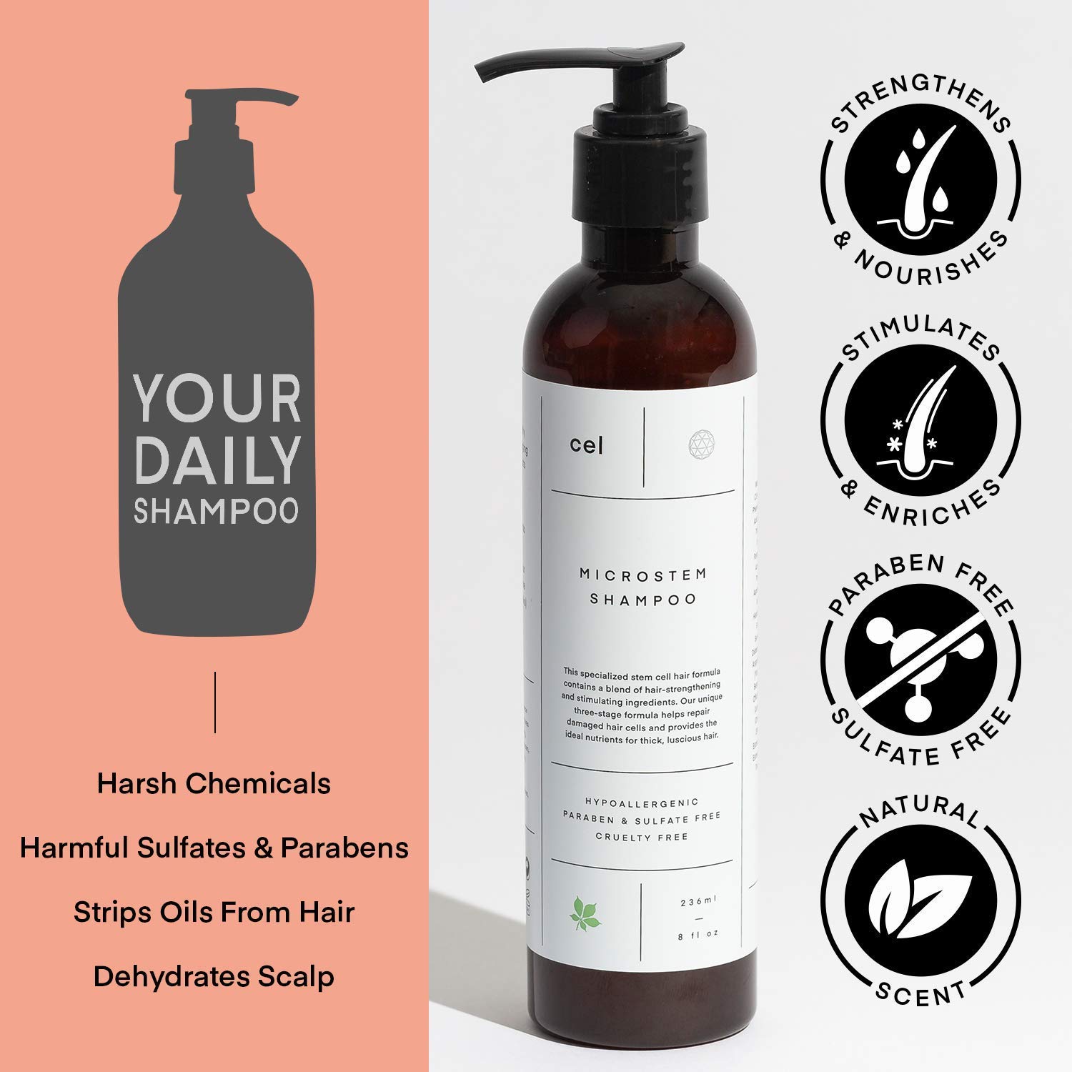 Cel Microstem Natural Hair Thickening Shampoo & Conditioner Set (2 x 8 fl oz) – Stem Cell Anti Thinning Shampoo – Professional Grade Biotin – Sulfate & Paraben Free - Suitable for Men and Women: Beauty