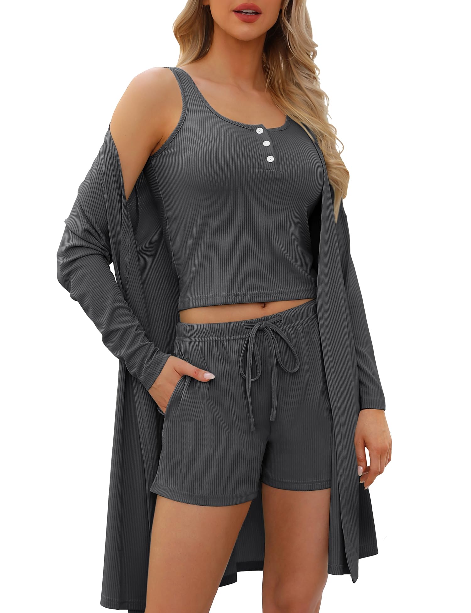 Photo 1 of SWOMOG Women's 3 Piece Ribbed Knit Lounge Sets Pajama Sets Cardigan Loungewear Robe Tank Top and Shorts with Pockets, Dark Gray X-Large