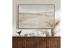 Framed Neutral Coastal Beach Canvas Wall Art, Abstract Landscape Canvas Prints Paintings for Walls, Large Beige Minimalist Pi