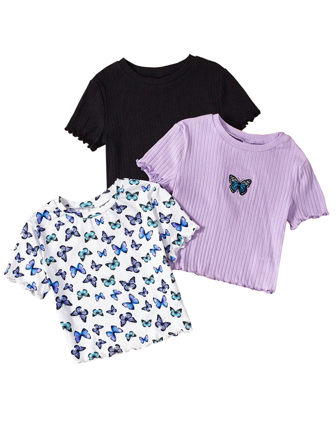 Photo 1 of RoseSeek Girl's 3 Packs Graphic Tees Butterfly Embroidery Short Sleeve T Shirt Crewneck Slim Fit Tops Multicolor 10Y