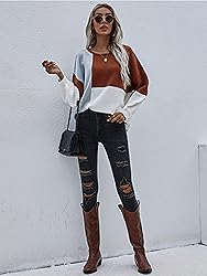 ECOWISH Women Sweater Long Sleeve Color Block Knit