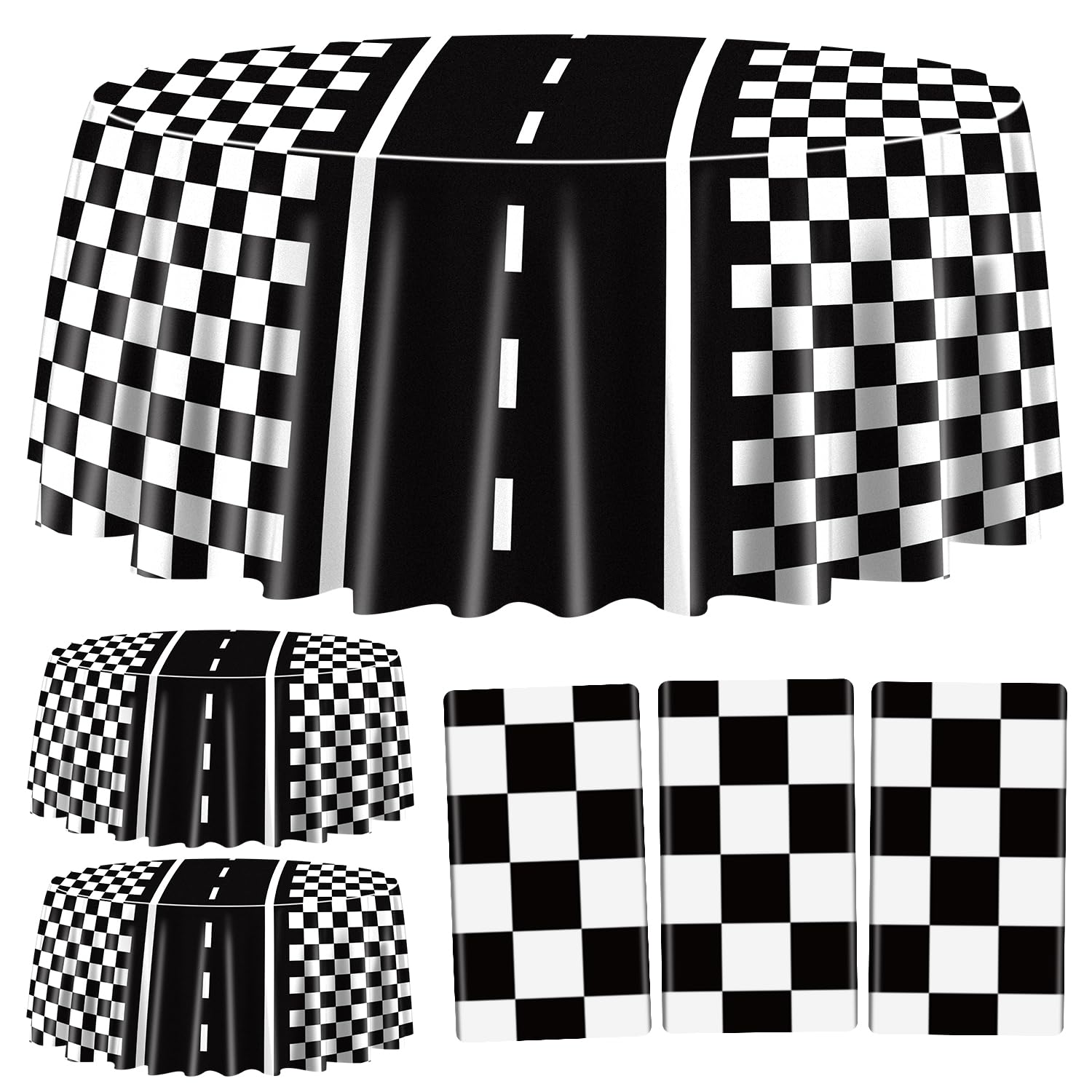 Photo 1 of PIXHOTUL Racing Car Tablecloths for Round Table, Plastic Black Racetrack Tablecover for Kid's Birthday Racing Car Theme Party Fast One Two Fast Party, 84 x 84in