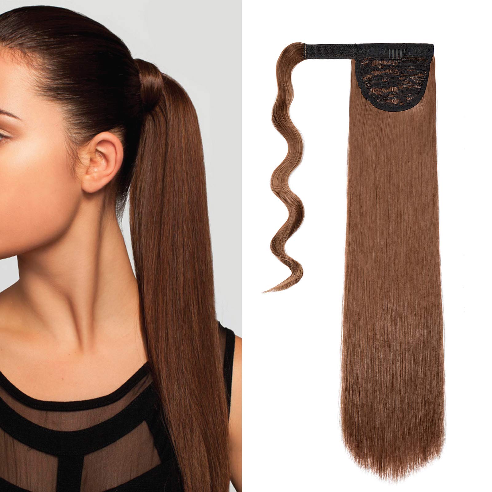 Cybelleza Ponytail Hair Extension Straight Wrap Around Pony Tail Clip in Hair Extensions Hairpiece Synthetic Long for Women (Light Auburn)