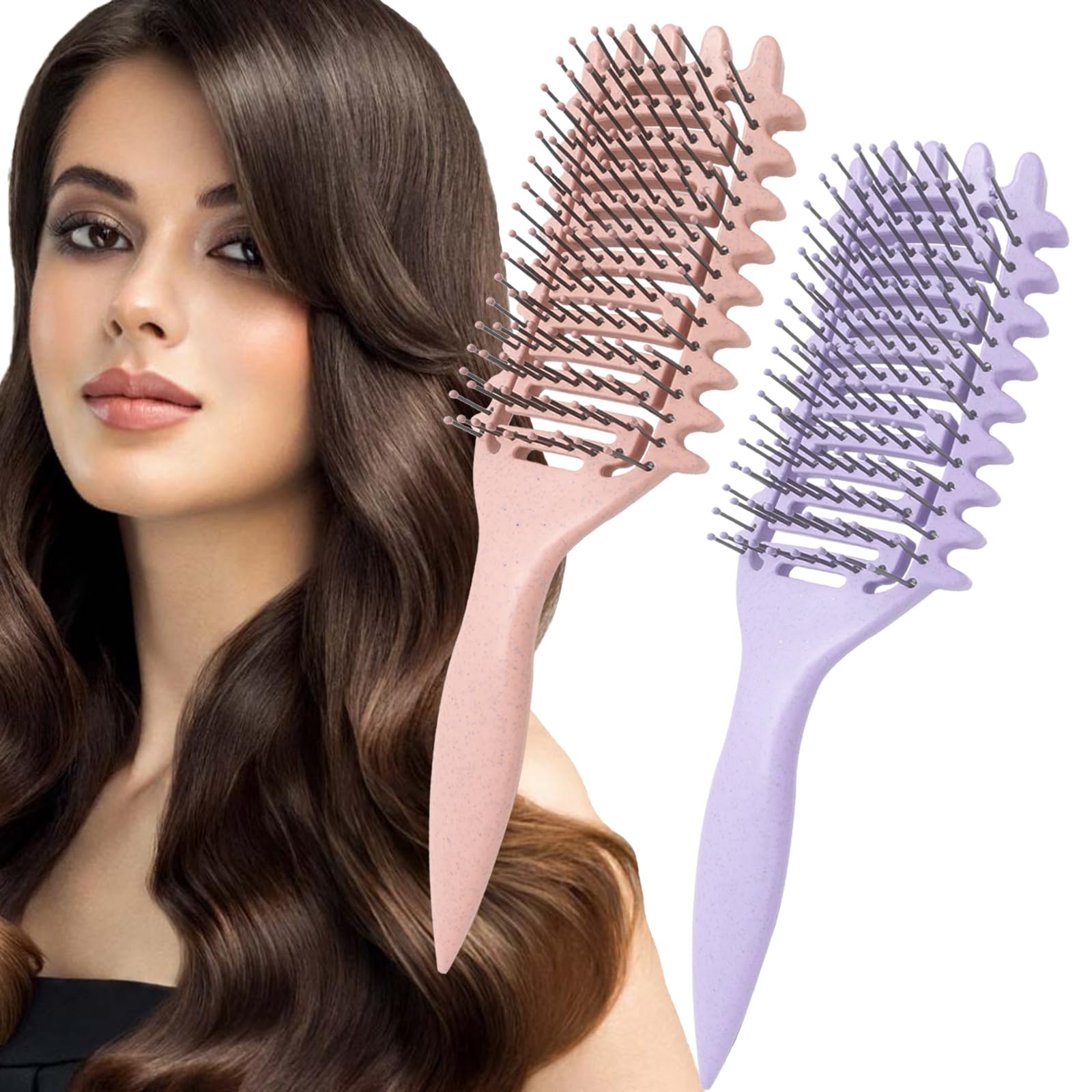 2Pcs Curly Hair Brush,Curl Defining Brush,Detangle Hair Brush define styling brush for Wet Thick Curly Hair,Soft Bristle Vent Detangling Paddle Brush Comb for Women Men Girls (Pink+Purple)