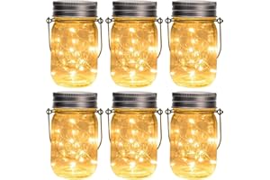 GIGALUMI Hanging Mason Jar Solar Lights, 6 Pack 30 Led Hanging Solar Lanterns Outdoor Waterproof, Hangers and Jars Included, Outdoor Decor for Balcony, Garden, Patio, Yard, Wedding