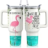 40oz Cute Flamingo Tumbler with Handle and Straw, Animal Lovers Gifts for Women Men, Stainless Steel Travel Mug Water Bottle, Vacuum Insulated Cup with Lid