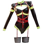Mobbunny Sexy Firefighter Costume Women Halloween Cosplay Costume Colorblocked Bodysuit with Straps and Socks