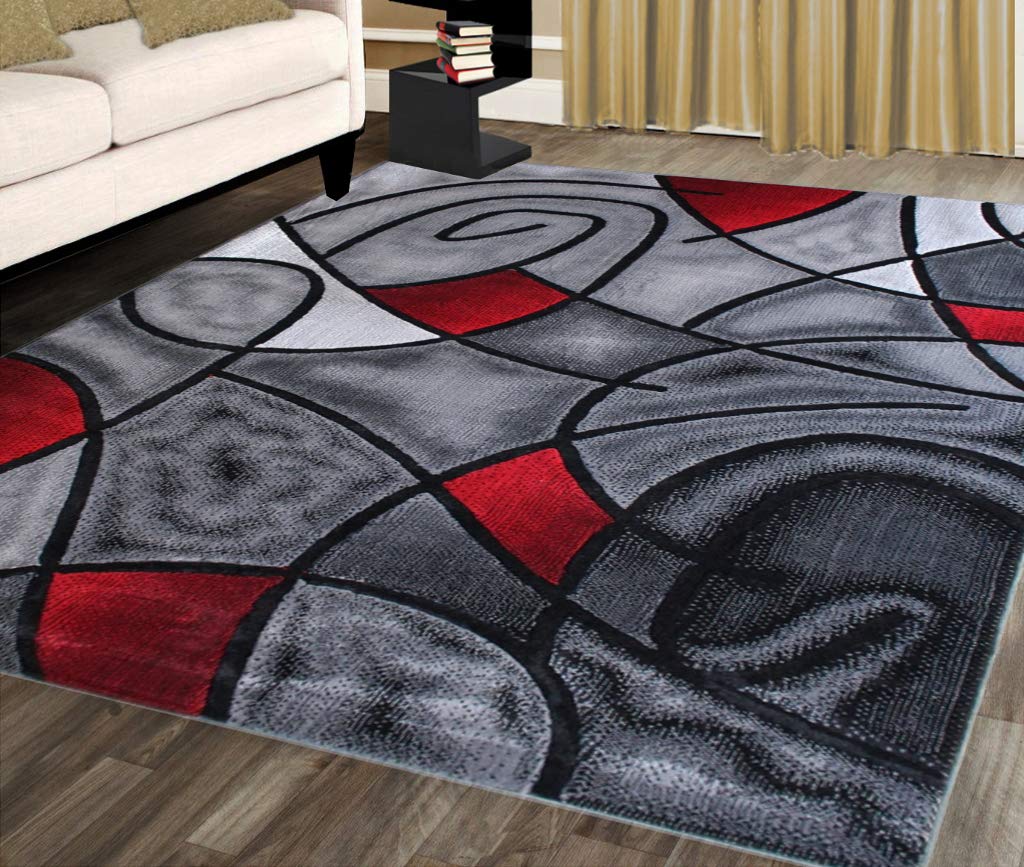 Masada Rugs, Modern Contemporary Area Rug, Red Grey Black. (8 Feet X 10