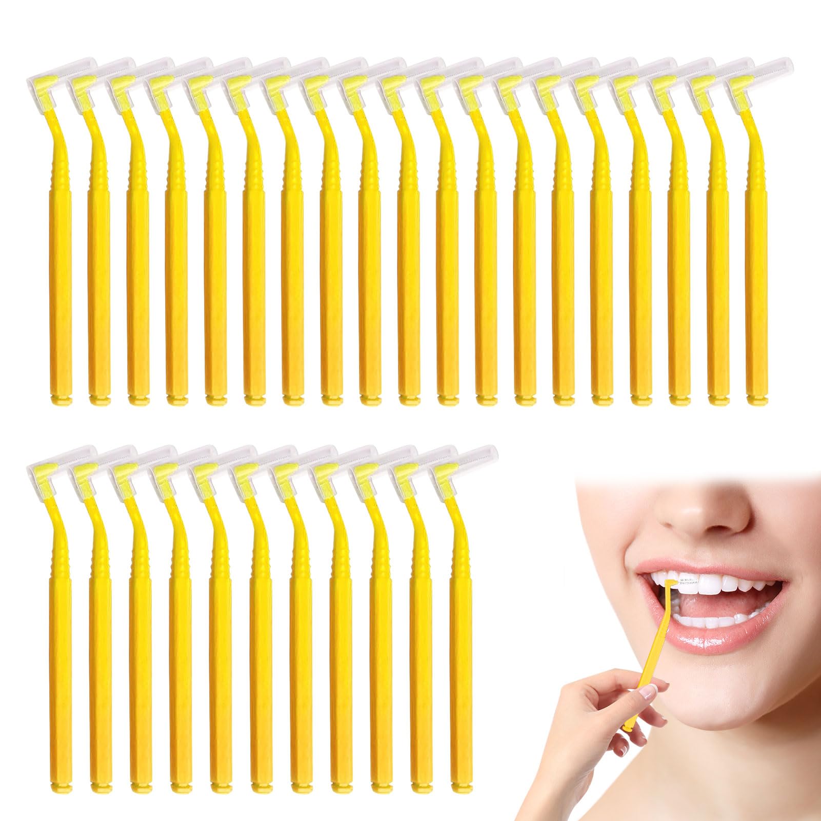 30 PCS Interdental Brushes,0.7mm Yellow Interdental Brushes with Non-Slip Handle,L Shape Dental Brush Yellow Tooth Floss Brush for Between Teeth and Gums