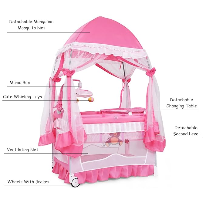 costway foldable baby crib playpen travel infant bassinet bed mosquito net music w bag