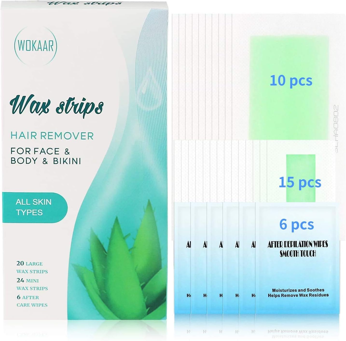 Wax Strips for Face Body Bikini,All Skin Types,50 Count Double Sided Strips with 6 Cleaning Wipe