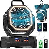 EEIFO Battery Operated Fan Portable Battery Powered Outdoor Camping Tent Fan with LED Lantern Light 20000mAh Rechargeable, Oscillating, 360° Rotating Hanging Hook, Cordless USB Desk Fan(Black)