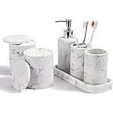Bathroom Accessories Set, 6-Piece Bathroom Accessory Set, Toothbrush Holders Set, Soap Dispenser, Vanity Tray, Tumbler, Cotton Swab Jars, Bathroom Organizer for Modern Bathrooms (Marble White)