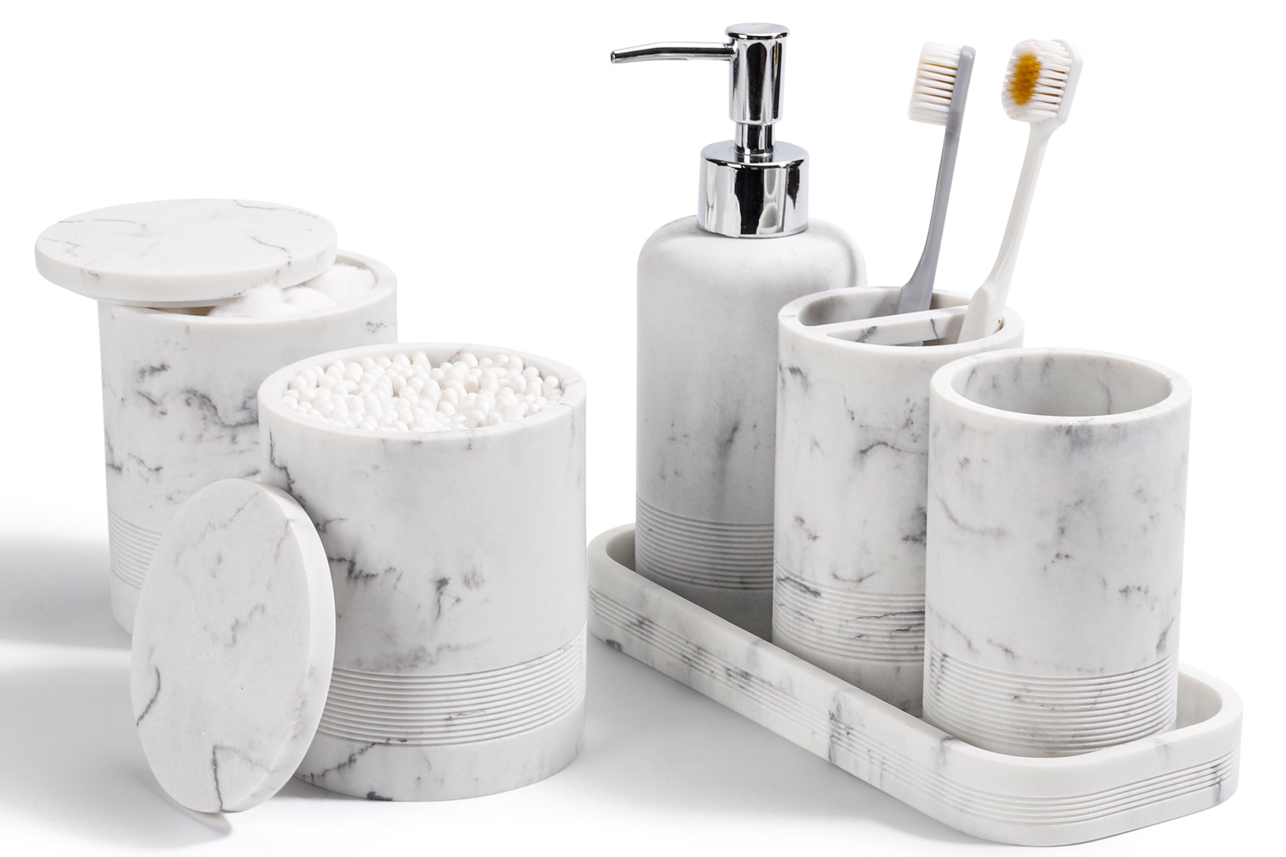 Photo 1 of Bathroom Accessories Set, 6-Piece Bathroom Accessory Set, Toothbrush Holders Set, Soap Dispenser, Vanity Tray, Tumbler, Cotton Swab Jars, Bathroom Organizer for Modern Bathrooms (Marble White)