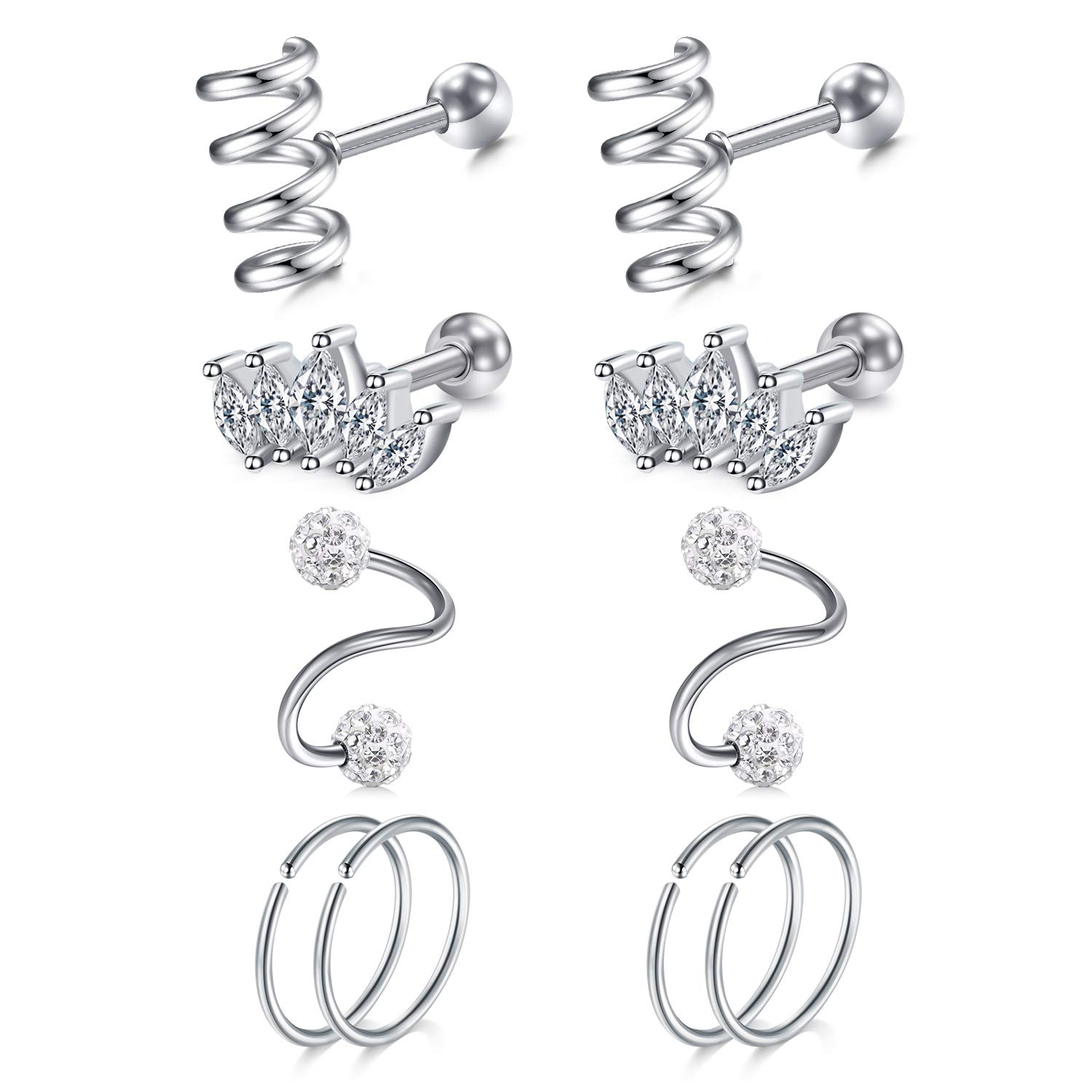 AVYRING 16G Tragus Earrings Stud Stainless Steel Heart Star Cartilage Earrings S twist Nose Lip Rings Helix Fake Nose Ring 10PCS - Silver