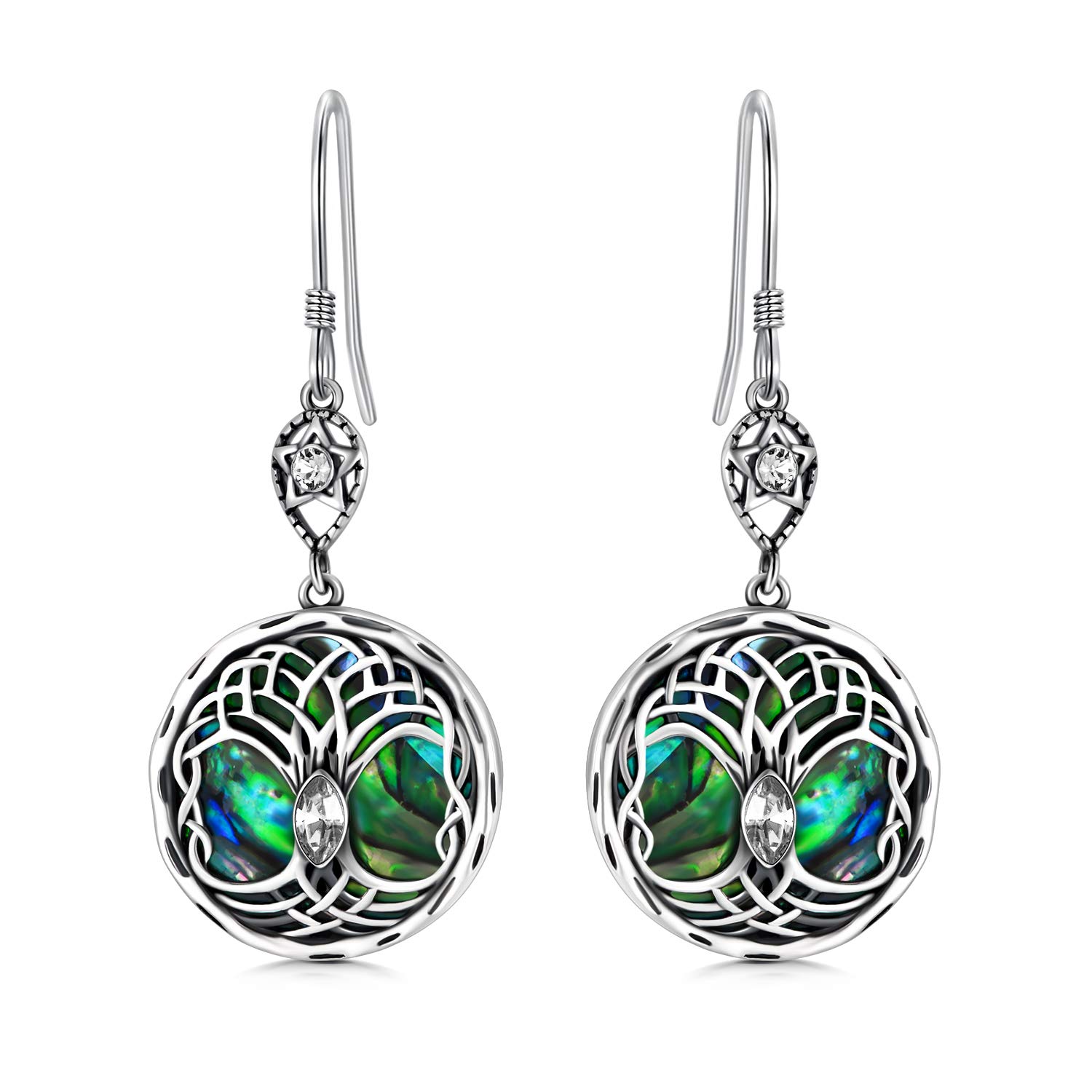 Celtic Tree of Life Earrings Sterling Silver Family Tree Dangle Drop Earrings with Birthstone Crystals, Birthday Jewellery Gifts for Women Her (White)