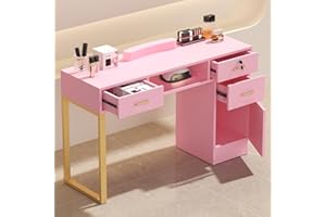 ELEVACHIC Manicure Table Nail Desk for Nail Tech, Manicure Station for Salon/Home, w/Wrist Cushion, Storage Cabinet, Lockable & Open Drawers, Metal Legs, Acetone Resistant, Pink & Gold