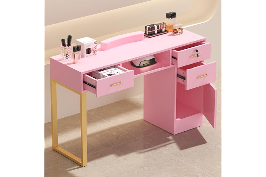 ELEVACHIC Manicure Table Nail Desk for Nail Tech, Manicure Station for Salon/Home, w/Wrist Cushion, Storage Cabinet, Lockable & Open Drawers, Metal Legs, Acetone Resistant, Pink & Gold
