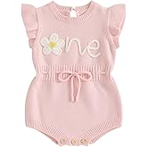 SYOKUP First Birthday Outfit Girl Floral One Embroidered Drawstring Crochet Knit Romper Baby girl 1st Birthday Clothes