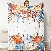 Fall Pumpkin Throw Blankets, Thanksgiving Autumn Harvest Leaves Floral Watercolor Seasonal Flannel Warm Soft Bed Couch Blanket, White Fleece Throws to Decorate The Room and Bedroom 50X60