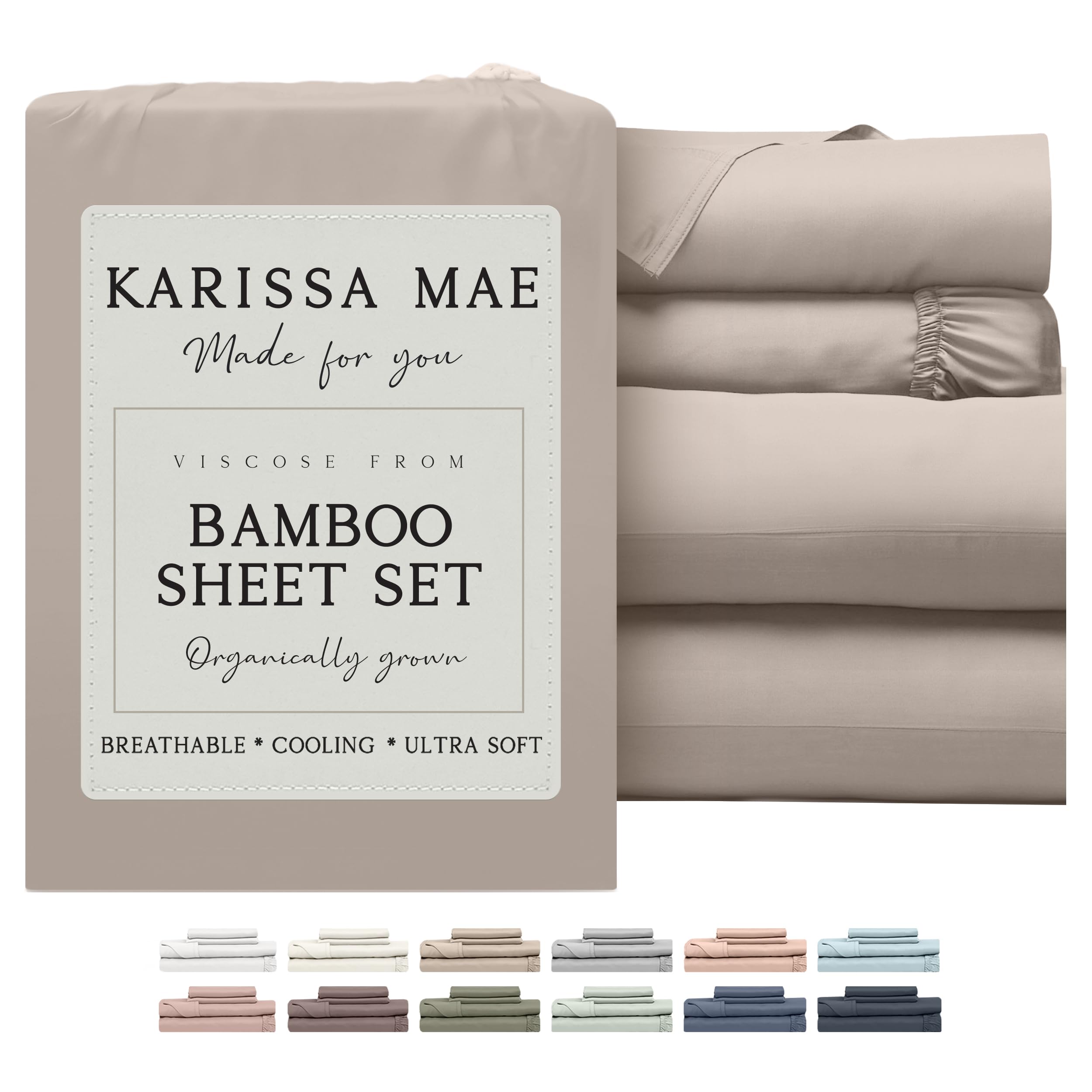 KARISSA MAE Cooling Bamboo Viscose King Size Sheet Set | 100% FSC Certified | 18” Deep Pocket | Silky, Soft, & Hypoallergenic | with Organizer Band & Elastic Corner Straps [Dune]