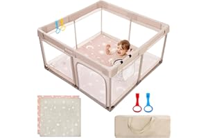 Joypony Baby Playpen with Mat, 50x50 in Small Play Pen for Babies, Toddler Playpen for Apartment, Indoors Play Yard with Soft Breathable Mesh (Beige with Mat)