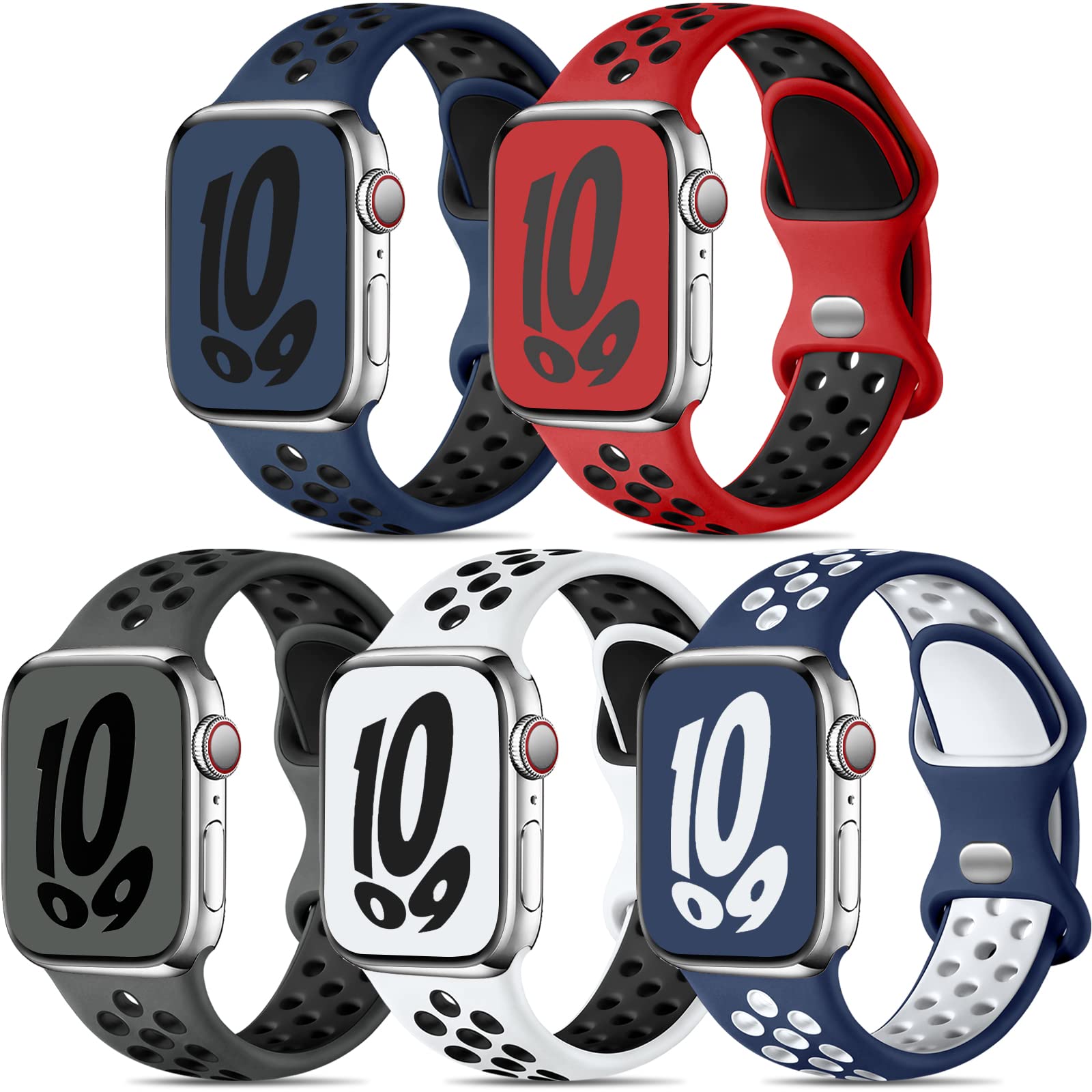 Dirrelo 5 Pack Sport Straps Compatible with Apple Watch Series 10 46mm Strap, 44mm 45mm 49mm 42mm Men, Soft Breathable Silicone Wristband for iWatch Series 10 9 8 7 6 5 4 3 2 1, SE 2 3, Ultra 2 3, B-L — image 1