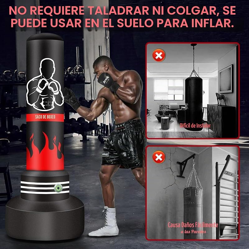 Saco de Boxeo180cm-Saco de Boxeo Pesado autoinflable Mejorado con Guantes y Bomba de Aire incorporada, Saco de Kickboxing y Hombres para Entrenamiento MMA Muay Thai Fitness Principiantes