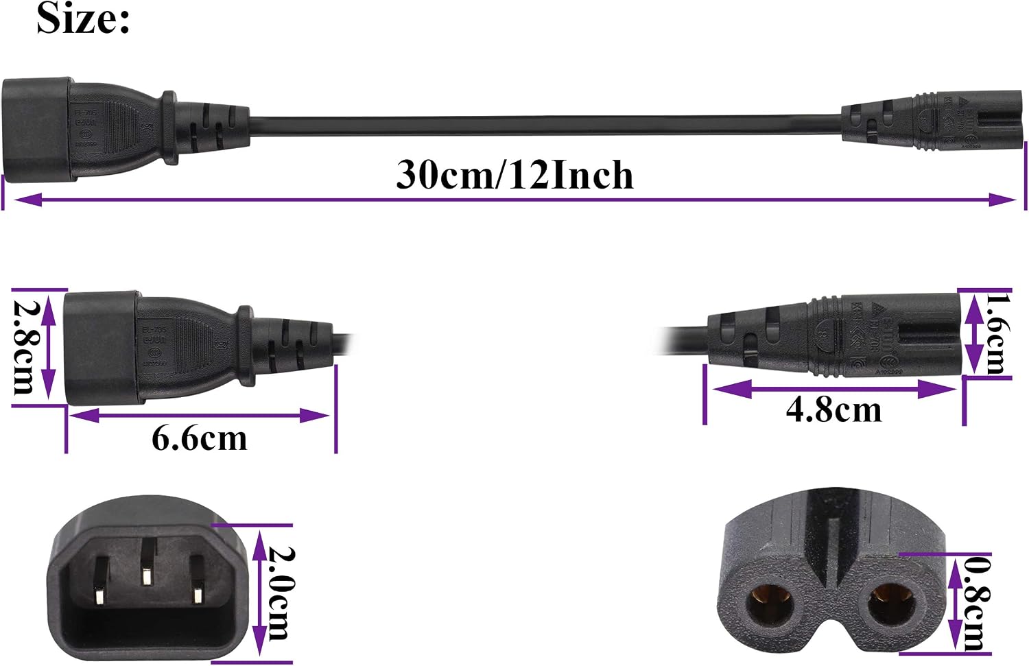 AAOTOKK (2 Pack) 10A 125V IEC 3Pole Male to 2Pole Female Figure 8 Power Adapter,IEC C7 to C14 AC Converter Polarized Adapter for LED TV etc (0.3m/1ft)(C7 to C14) - Image 3