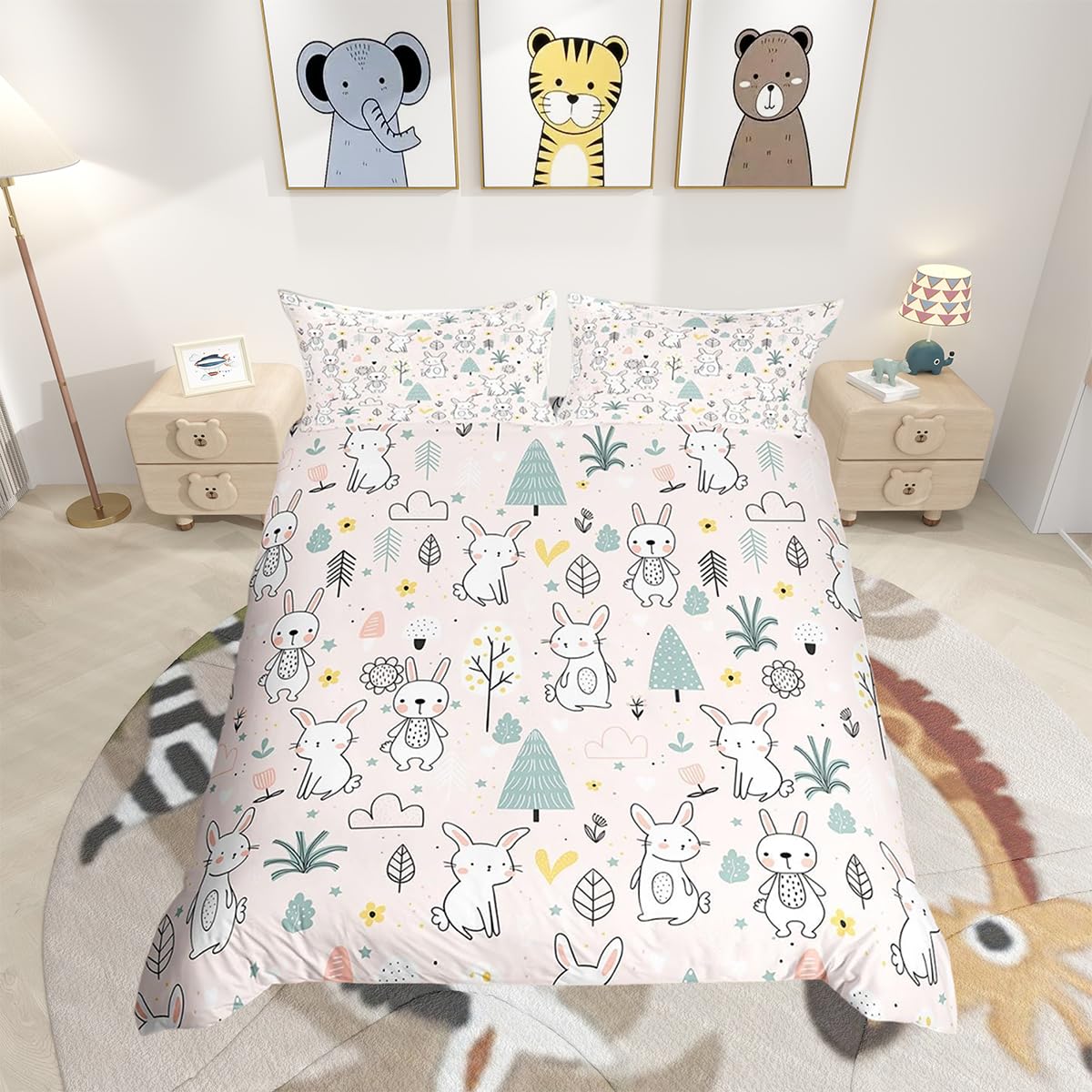 Homemissing Cute Rabbit Bedding Set Cartoon Bunny Duvet Cover Kawaii Animal Single Comforter Cover for Kids Boys Girls Botanical Plant Bedspread Cover Lightweight Bedclothes