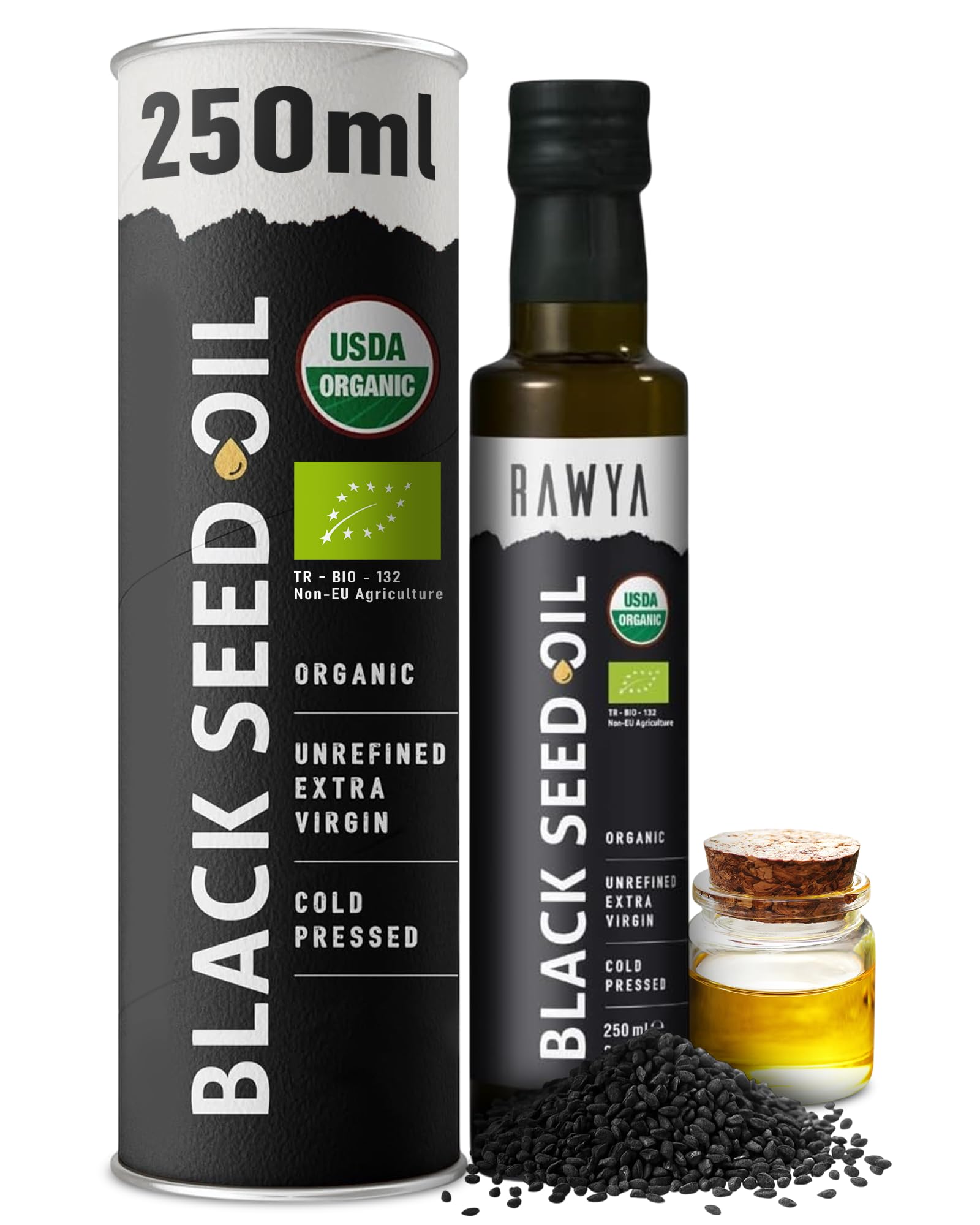 RAWYA Organic Cold-Pressed Black Seed Oil 250ml, Turkish Black Cumin (Kalonji, Nigella Sativa), Unrefined, Rich in Omega-3-6-9, Strong Taste, for Hair, Skin, Face and Overall Wellness, Pack of 1