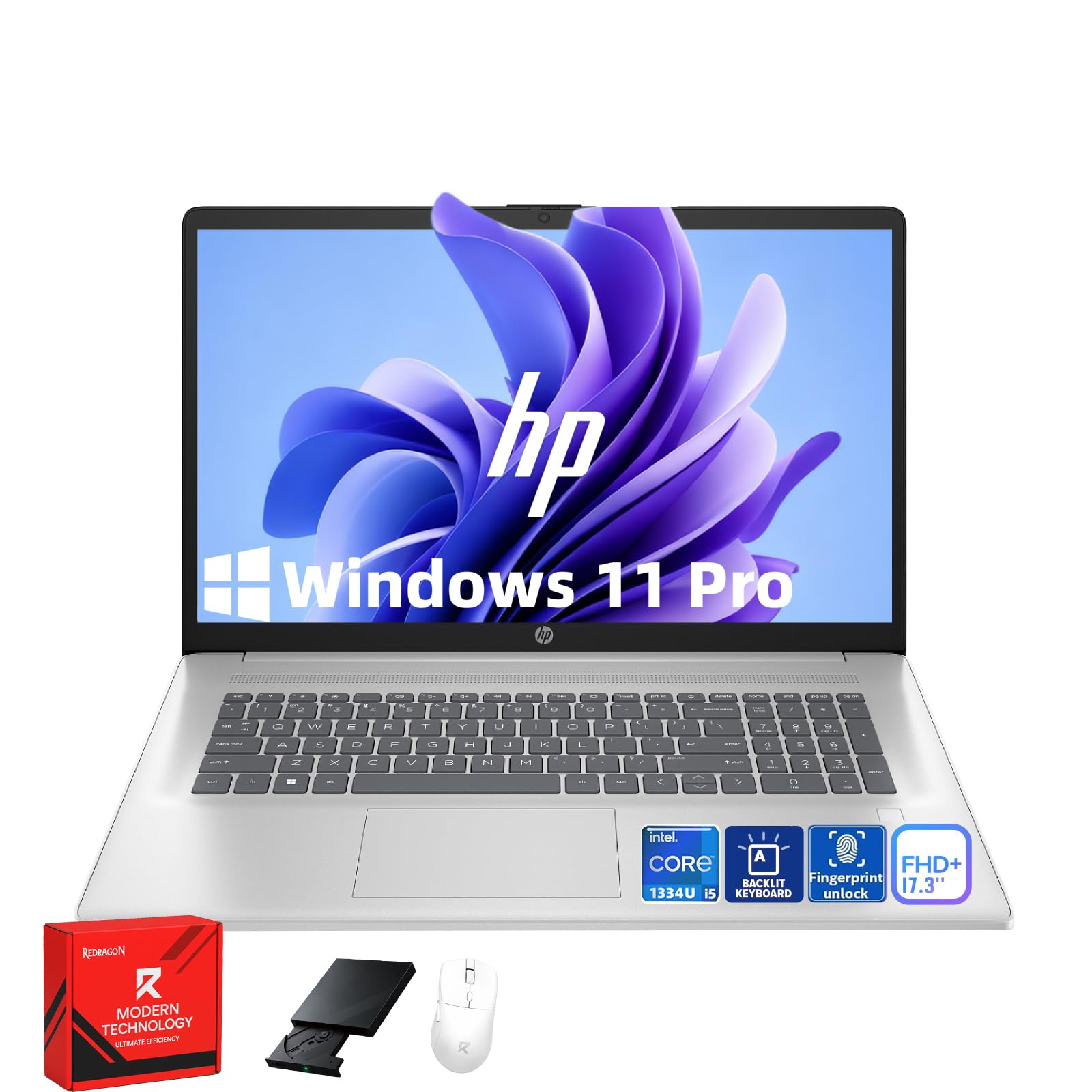 HP 17t Laptop Computer, 17.3" Display, Intel 10-Core i5-1334U, Backlit KB, Fingerprint, Window 11 Pro Laptop for Business & Students, Redragon Patent Kit, 32GB RAM, 1TB SSD Image