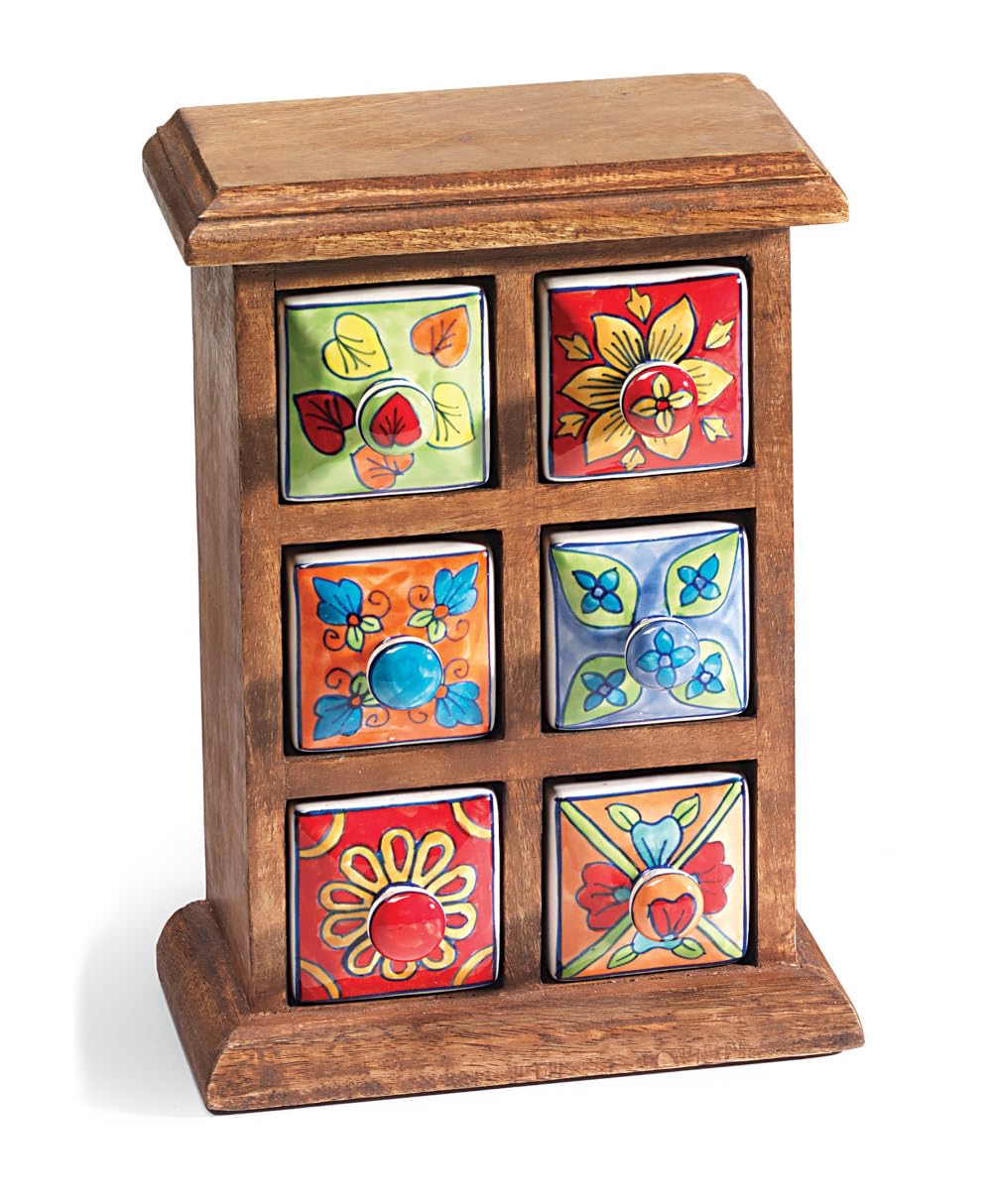 6 Ceramic Drawers in Mango Wood Chest/Spice Drawers