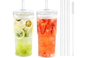 Puraville 2 Pack 20oz Glass Cups with Lids and Straws, Mason Jar High Borosilicate Drinking Glasses Iced Coffee Cup, Glass Tumbler Smoothie Cup for Long Drinks, Clear
