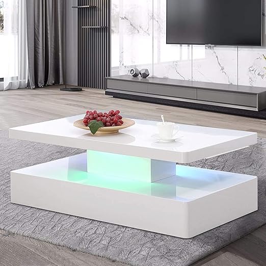 Amazon Com Mecor Modern Glossy White Coffee Table W Led Lighting 2 Tier Rectangle Design Living Room Furniture Kitchen Dining