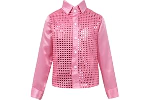 Yruioon Kids Boys Sparkle Sequins Long Sleeve Button Down Shirt Latin Jazz Dance Stage Performance Costume
