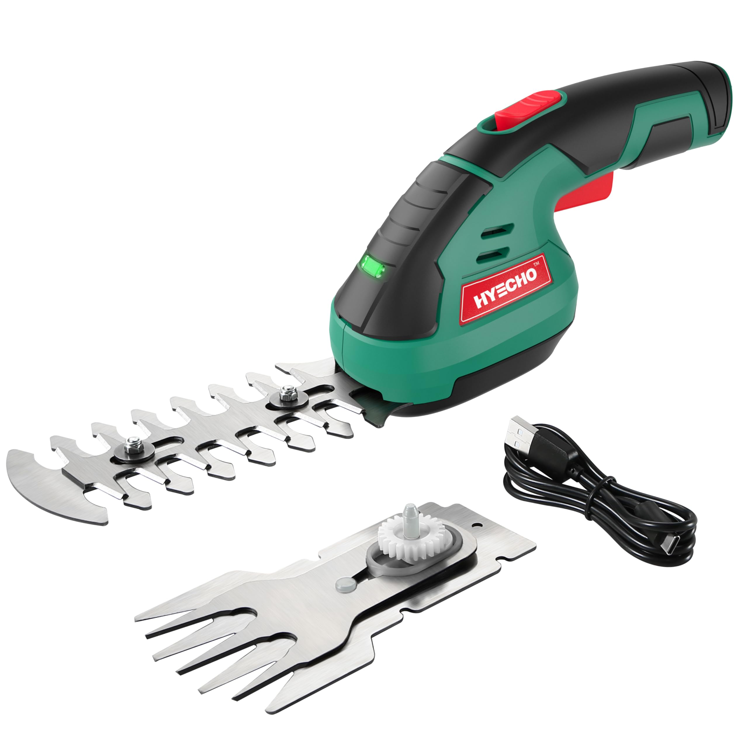 HYECHO Cordless Grass Shear, 7.2V 2-in-1 Electric Handheld Grass & Hedge Trimmer Edging Shear Set with Pruning Blades and Grass Cutting Blades, USB Charging Cable, for Garden, Lawn, Shrub