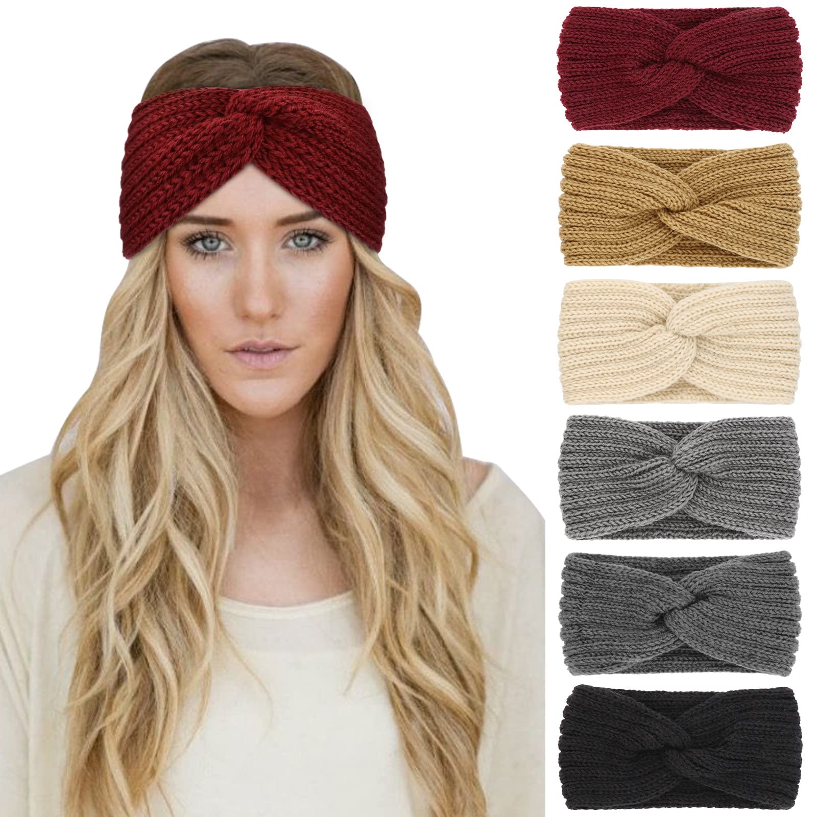 DRESHOW 6 Pieces Women Warm Knitted Headband Winter Ear Warmer Crochet Head Wraps Thick Cable Headband