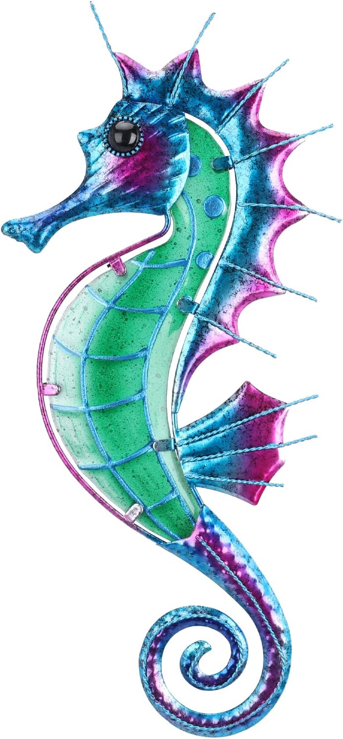Plaques & Wall Art - VCUTEKA Outdoor Metal Seahorse Wall Decor Seahorse Wall Sculpture Hanging Garden Wall Art Glass Sculpture for Indoor Outdoor Patio Fence Decor Pink