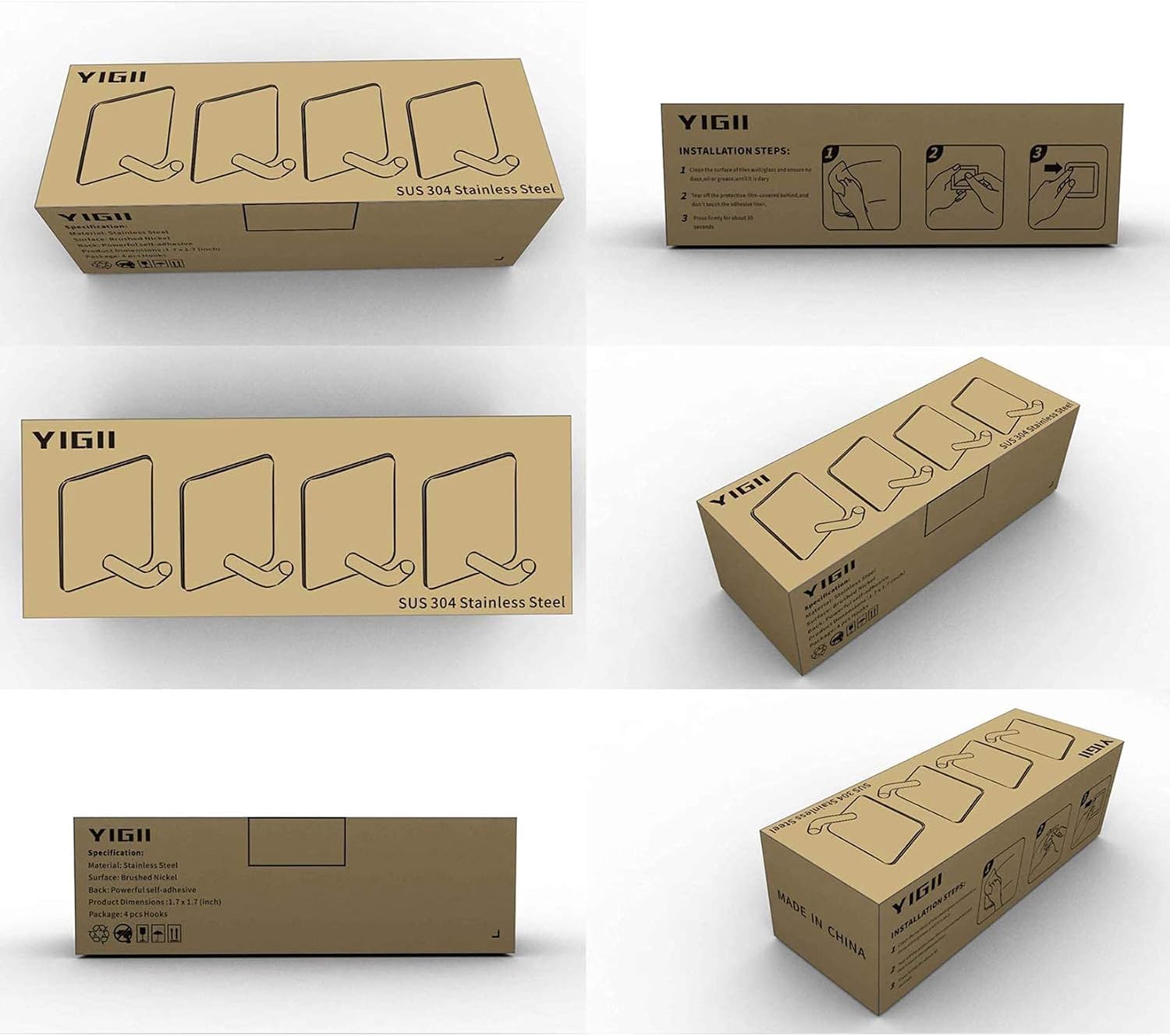 YIGII Towel Hooks/Bathroom Hook - Self Adhesive Hooks Office Hooks Hanging Keys for Kitchen Stick on Wall Stainless Steel 4 Packs: Home & Kitchen